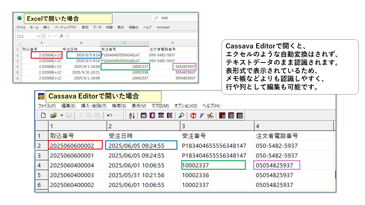 CSVファイルをCassava Editorで開いた場合